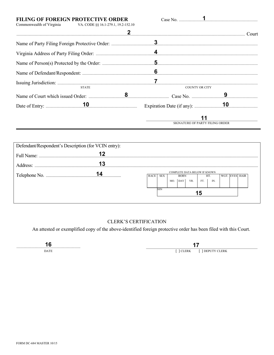 Instructions for Form DC-684 Filing of Foreign Protective Order - Virginia, Page 2