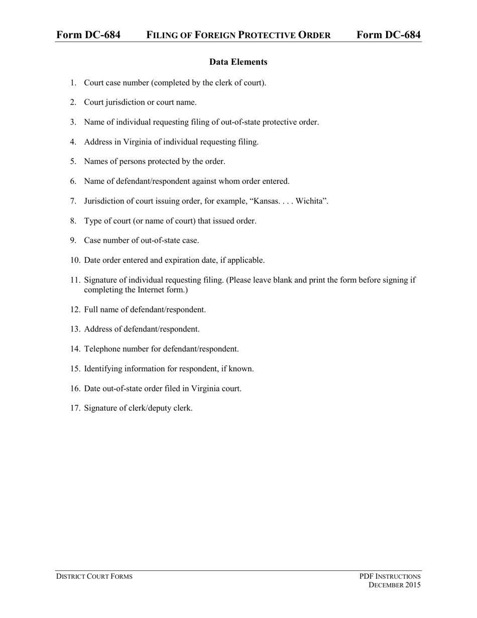 Instructions for Form DC-684 Filing of Foreign Protective Order - Virginia, Page 3