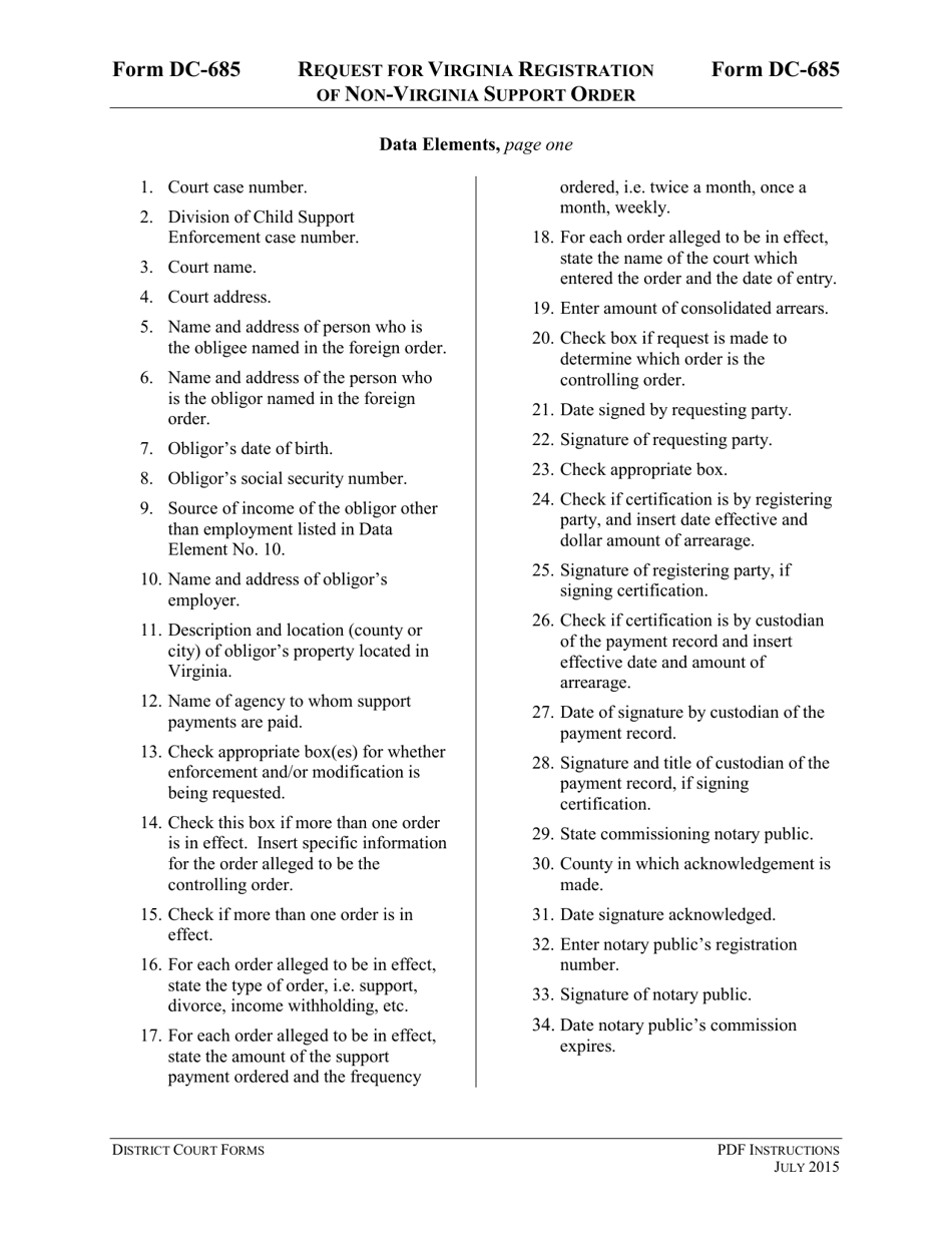 Instructions for Form DC-685 Request for Virginia Registration of Non-virginia Support Order - Virginia, Page 3
