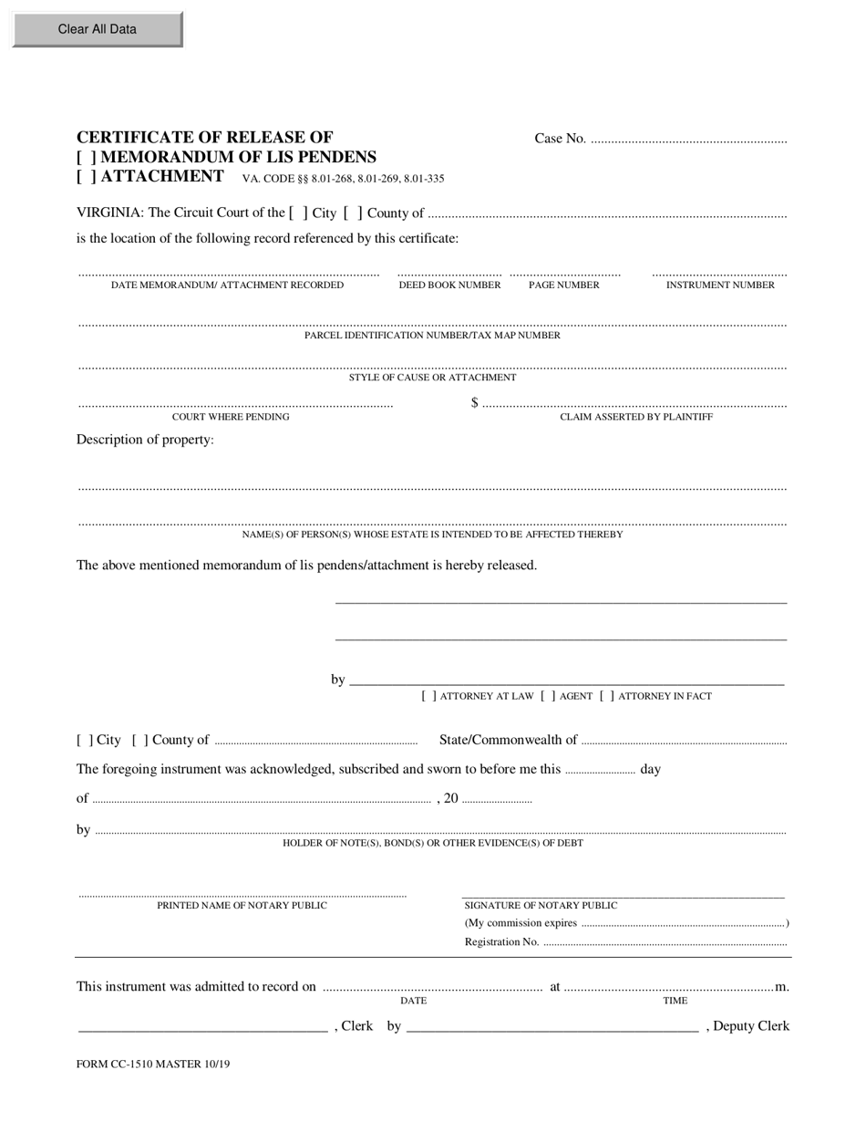Form CC-1510 Certificate of Release of Memorandum of Lis Pendens / Attachment - Virginia, Page 1