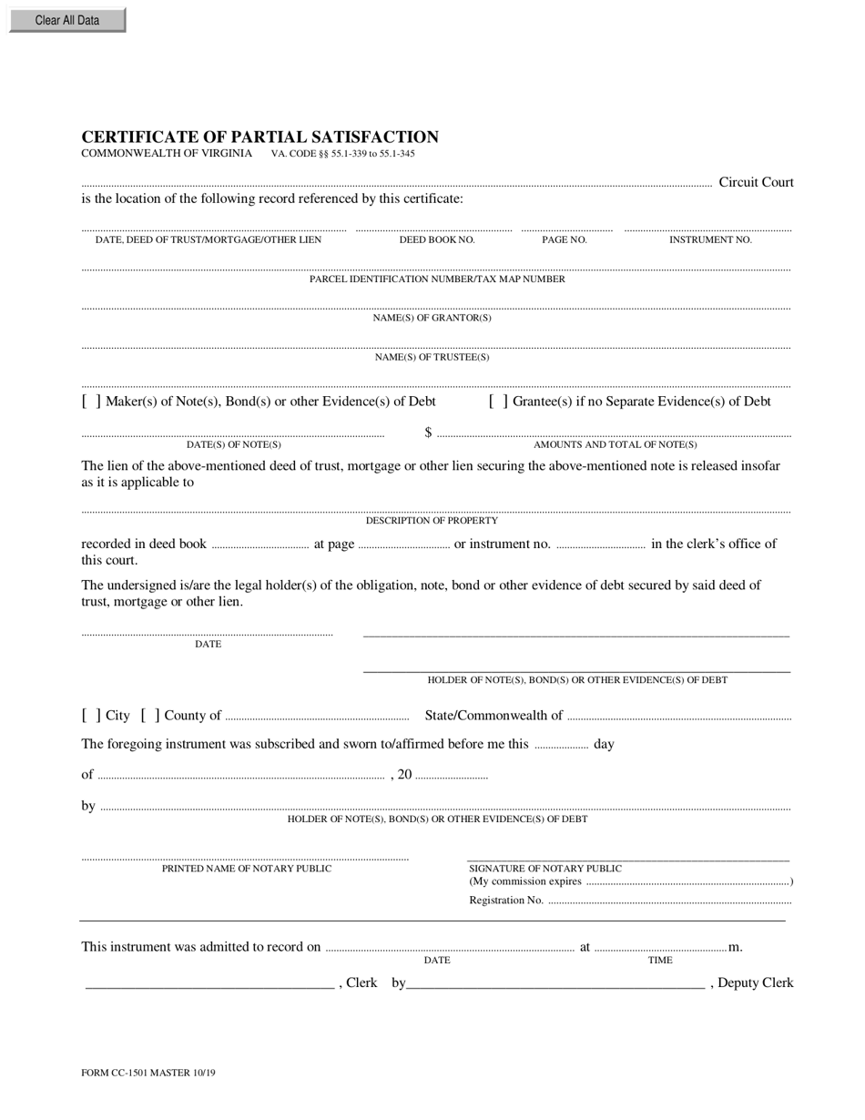 Form CC-1501 Certificate of Partial Satisfaction - Virginia, Page 1