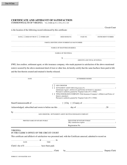 Form CC-1505 Certificate and Affidavit of Satisfaction - Virginia