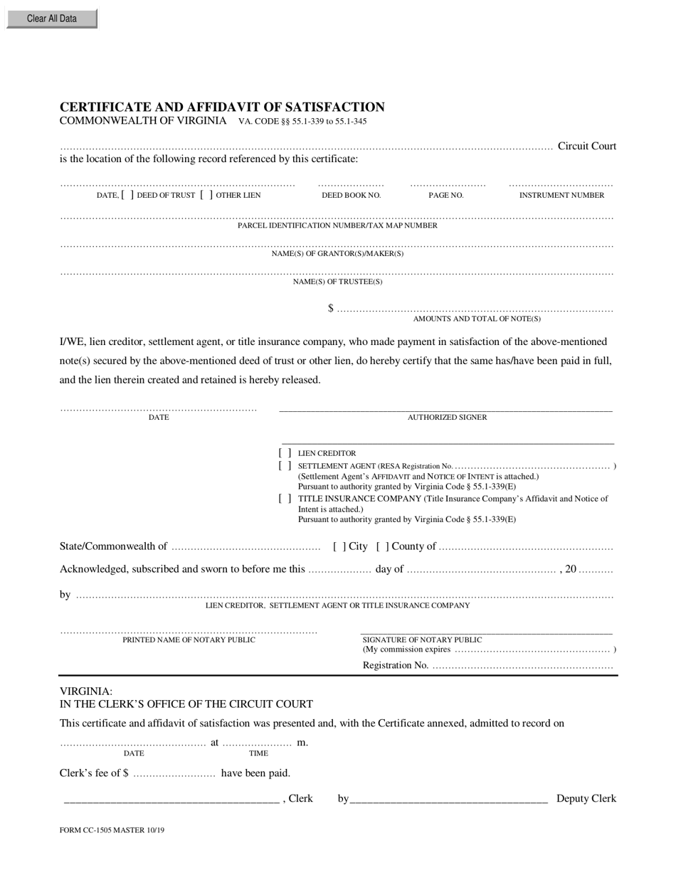 Form CC-1505 Certificate and Affidavit of Satisfaction - Virginia, Page 1