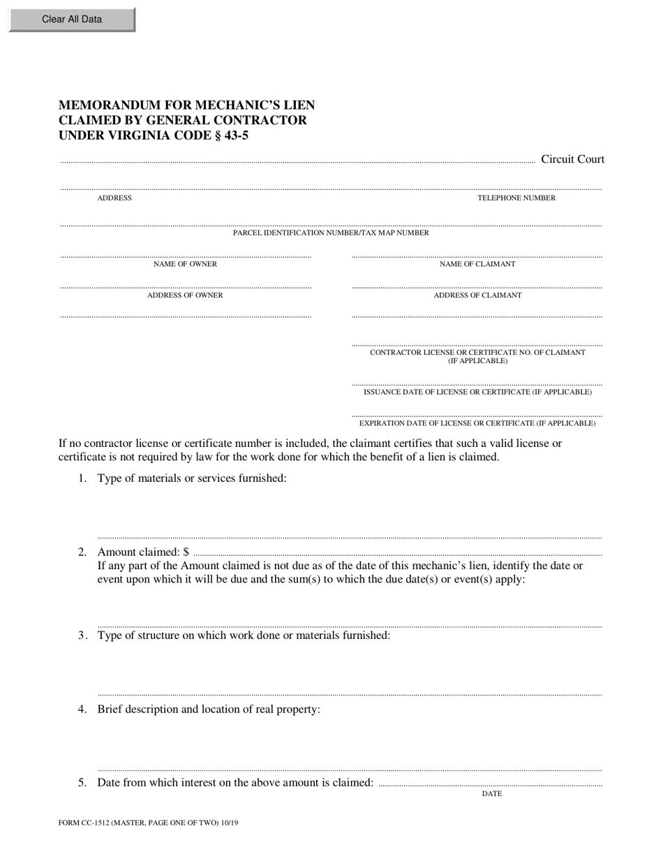 Form CC-1512 Memorandum for Mechanics Lien Claimed by General Contractor Under Virginia Code 43-5 - Virginia, Page 1
