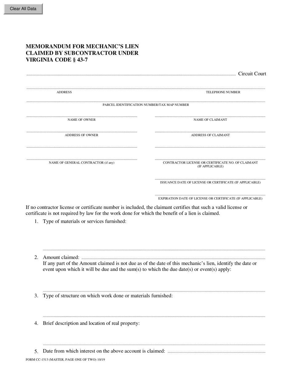 Form CC-1513 Memorandum for Mechanics Lien Claimed by Subcontrvirginia Code 43-7 Actor Under - Virginia, Page 1