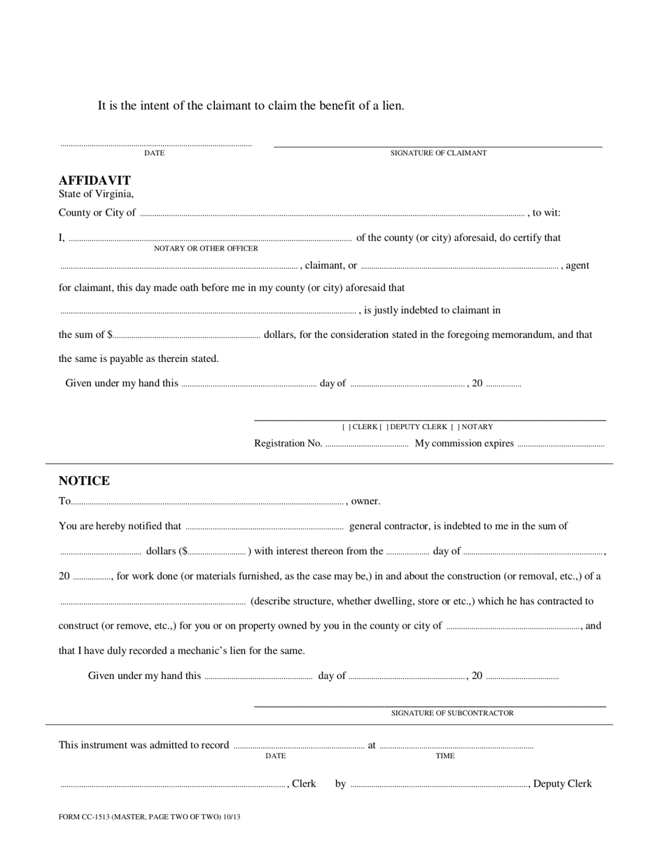 Form CC-1513 Memorandum for Mechanics Lien Claimed by Subcontrvirginia Code 43-7 Actor Under - Virginia, Page 2