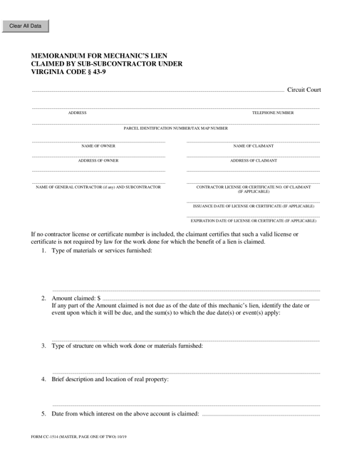 Form CC-1514 Memorandum for Mechanic's Lien Claimed by Sub-subcontractor Under Virginia Code 43-9 - Virginia