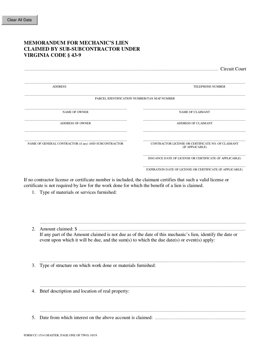 Form CC-1514 Memorandum for Mechanics Lien Claimed by Sub-subcontractor Under Virginia Code 43-9 - Virginia, Page 1