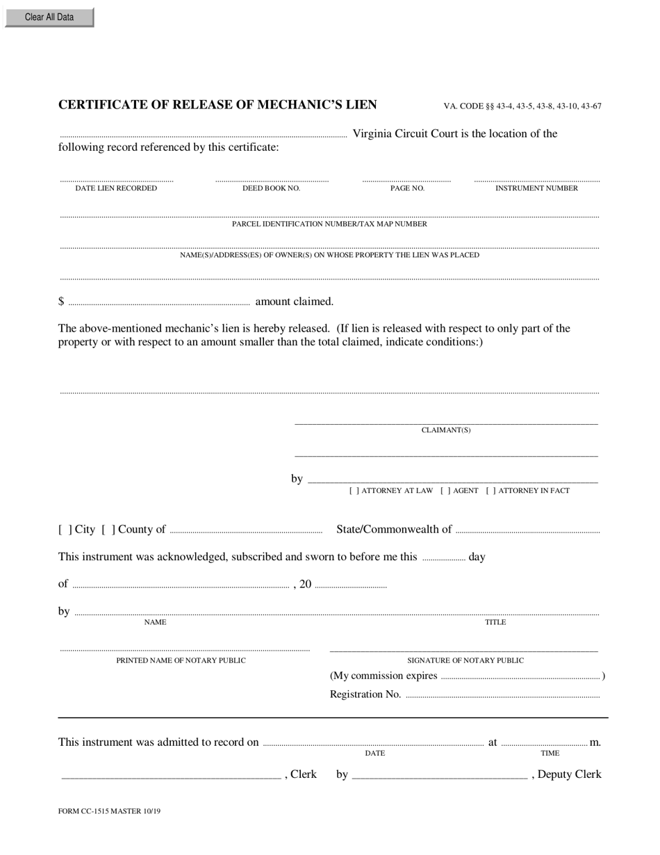 Form CC-1515 Certificate of Release of Mechanics Lien - Virginia, Page 1