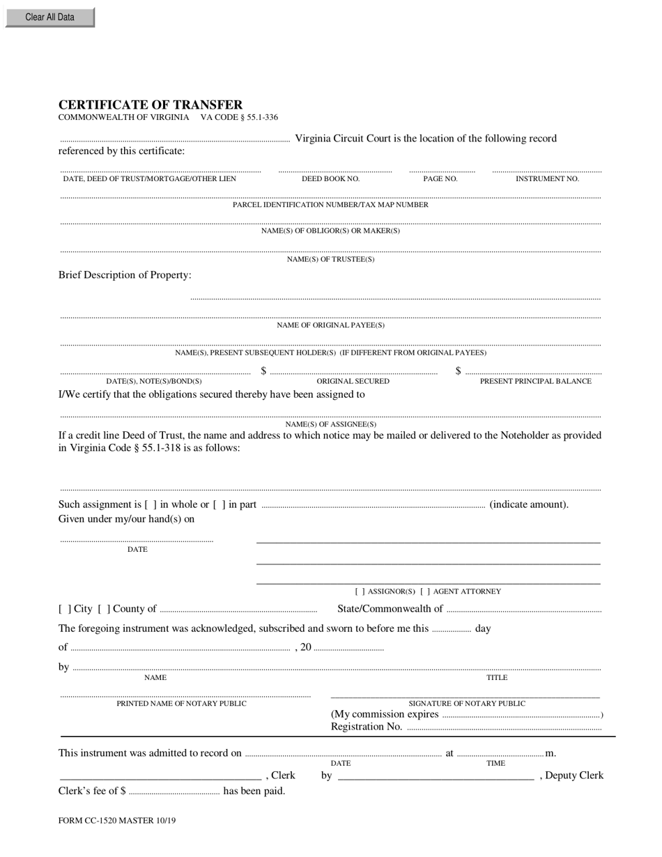 Form CC-1520 Certificate of Transfer - Virginia, Page 1