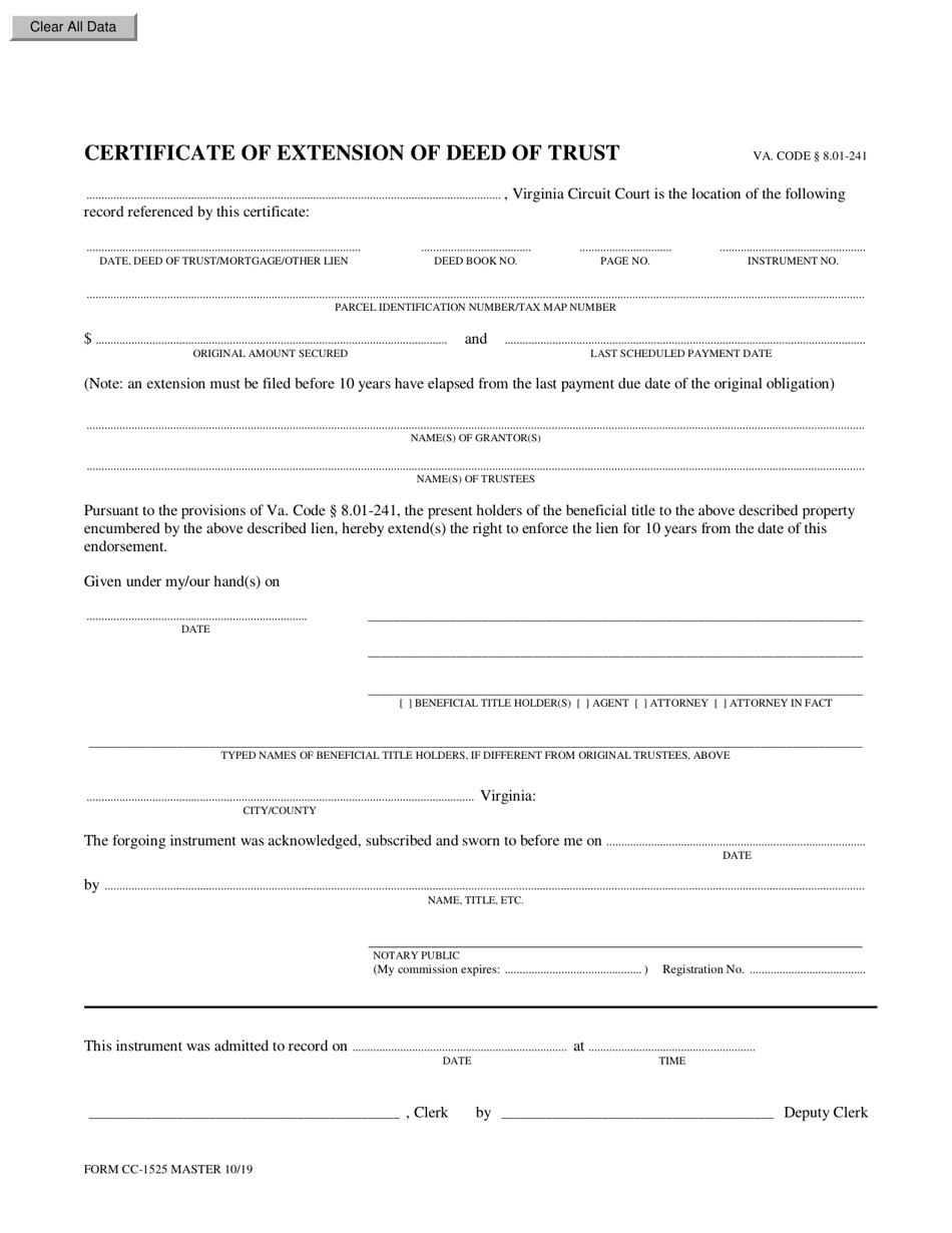 Form CC-1525 Certificate of Extension of Deed of Trust - Virginia, Page 1