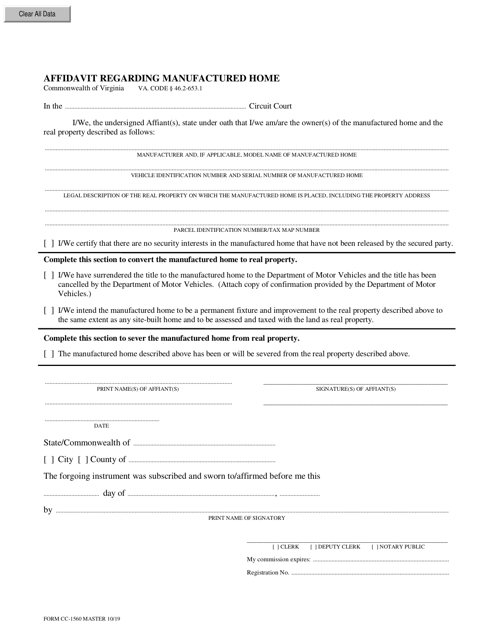 Form CC-1560 Affidavit Regarding Manufactured Home - Virginia