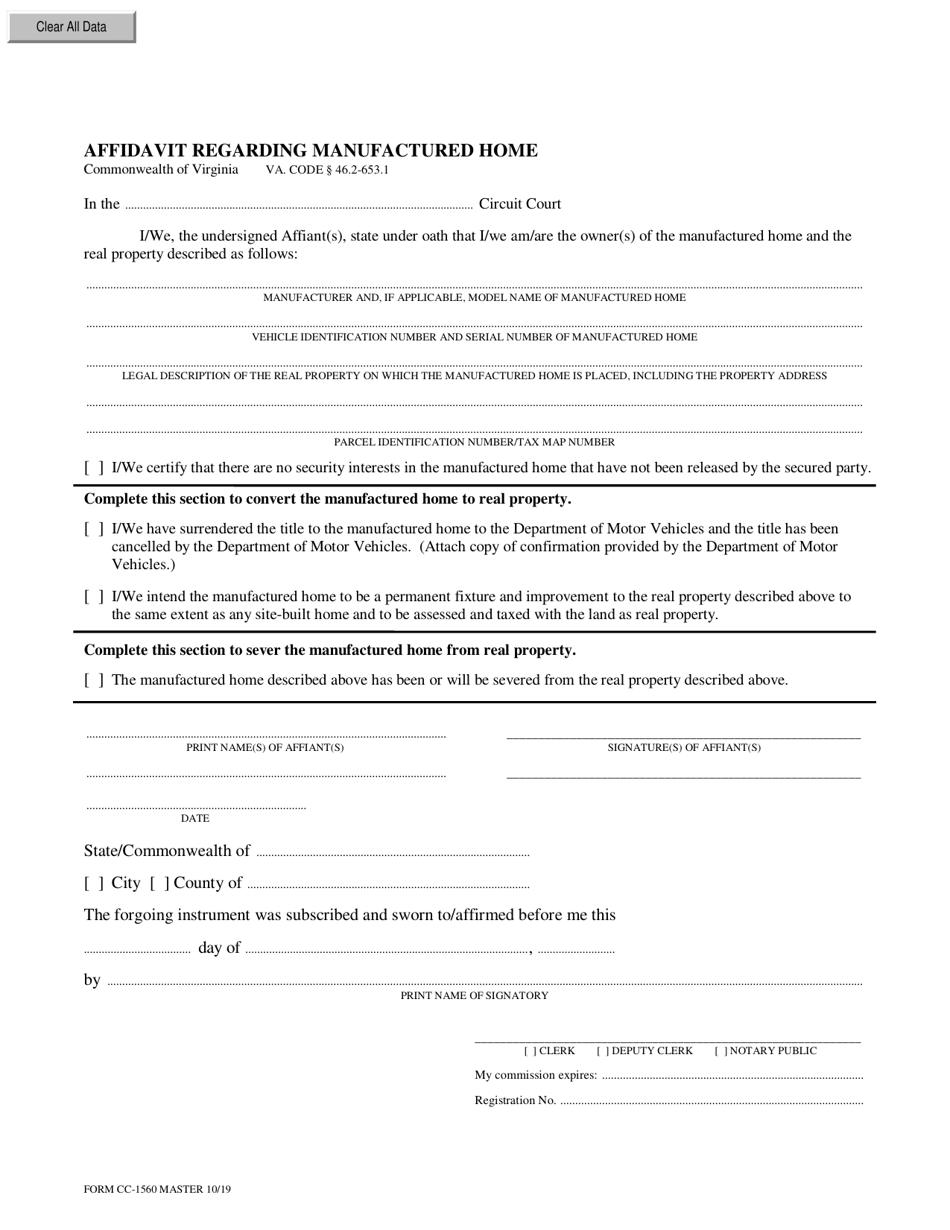 Form CC-1560 Affidavit Regarding Manufactured Home - Virginia, Page 1