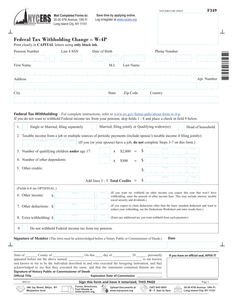 Form F349 Federal Tax Withholding Change - New York City, Page 1