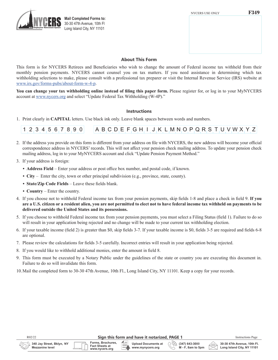 Form F349 Download Printable PDF or Fill Online Federal Tax Withholding