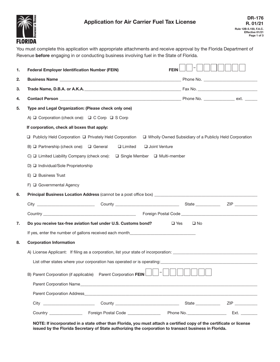 Form DR-176 Application for Air Carrier Fuel Tax License - Florida, Page 1