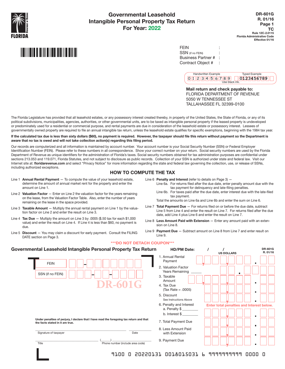 Form DR-601G Governmental Leasehold Intangible Personal Property Tax Return - Florida, Page 1