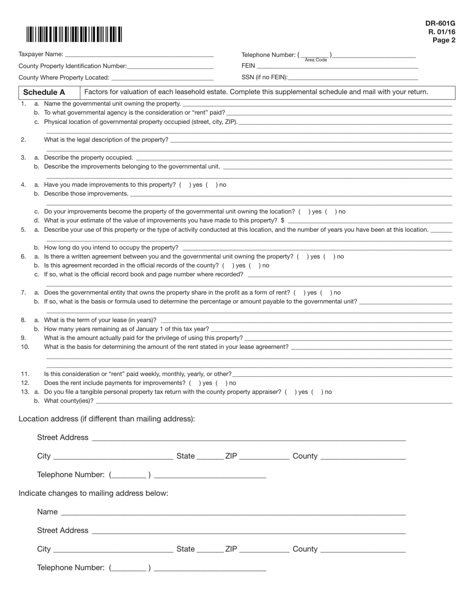Form DR-601G Governmental Leasehold Intangible Personal Property Tax Return - Florida, Page 2