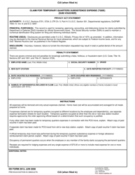 DD Form 2912 Claim for Temporary Quarters Subsistence Expense (TQSE) (Sub-voucher)