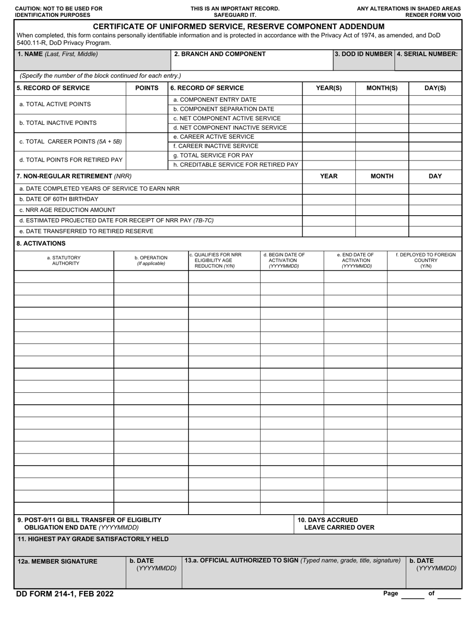 DD Form 214-1 Certificate of Uniformed Service, Reserved Component Addendum, Page 1