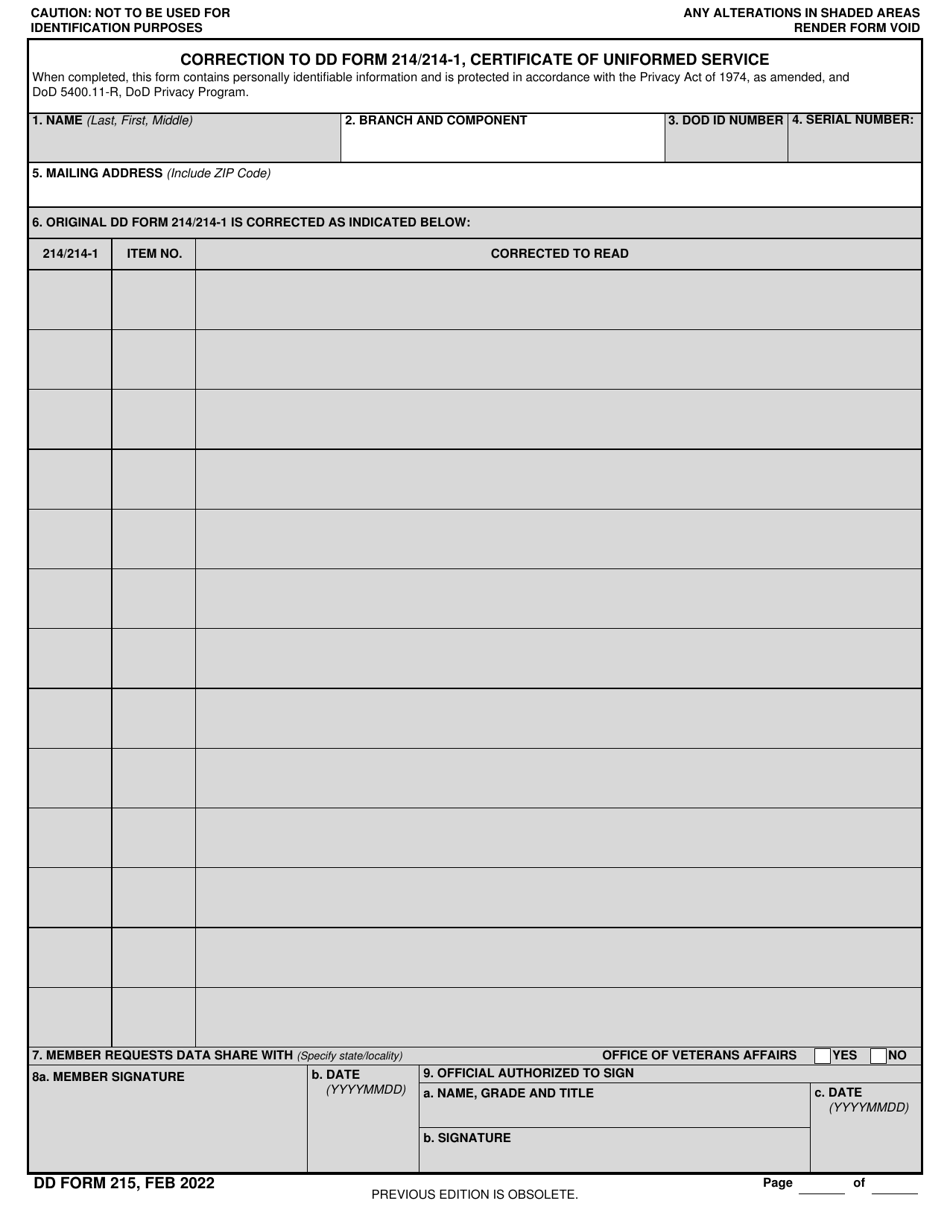 DD Form 215 Download Fillable PDF Or Fill Online Correction To DD Form