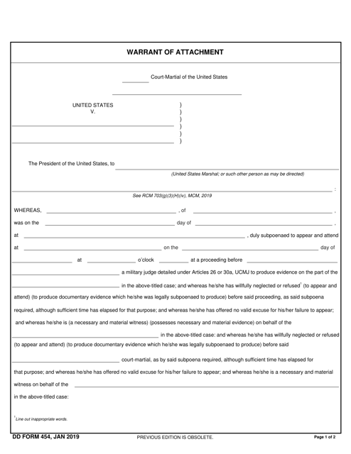 DD Form 454 Warrant of Attachment