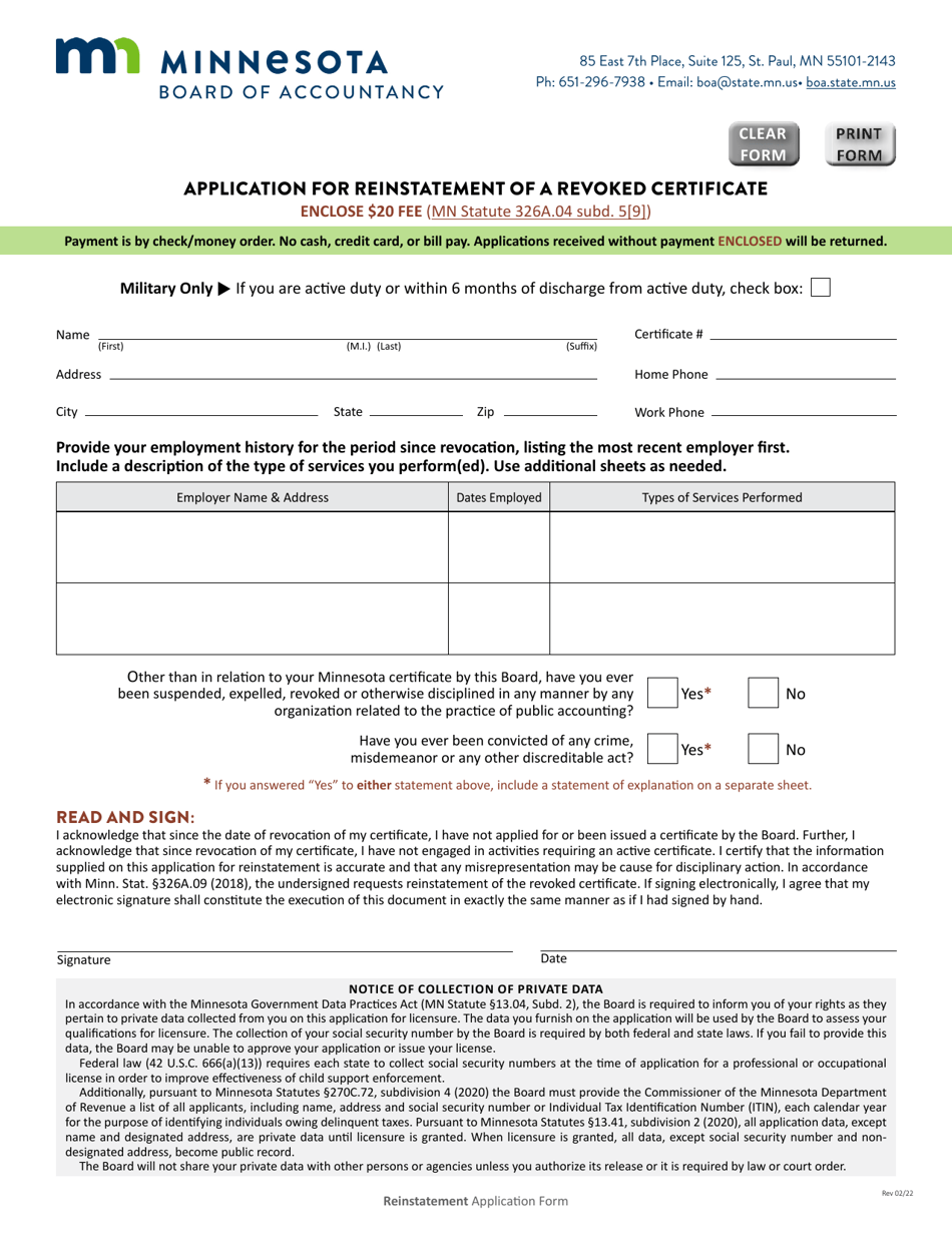 Application for Reinstatement of a Revoked Certificate - Minnesota, Page 1