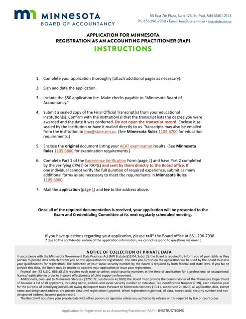Application for Minnesota Registered Accounting Practitioner (Rap) Registration - Minnesota Download Pdf