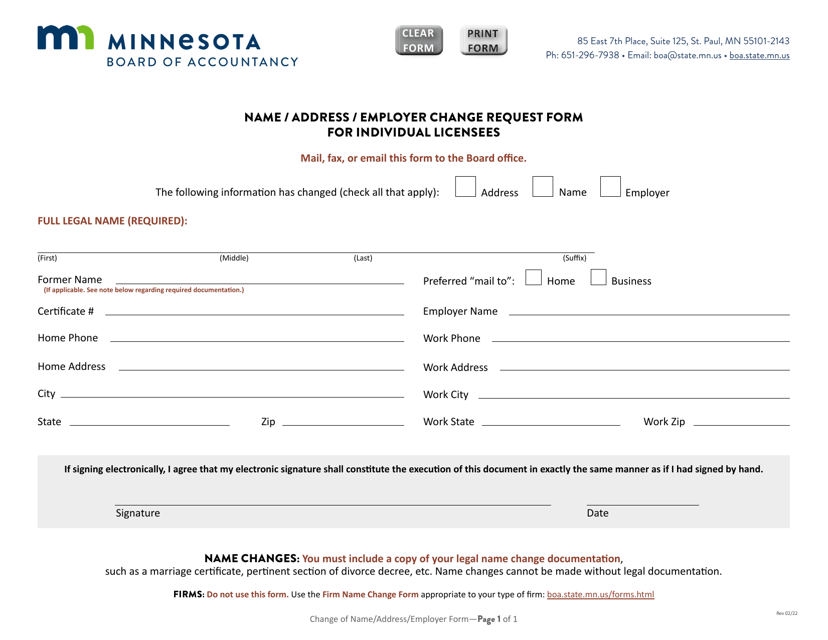 Name / Address / Employer Change Request Form for Individual Licensees - Minnesota Download Pdf