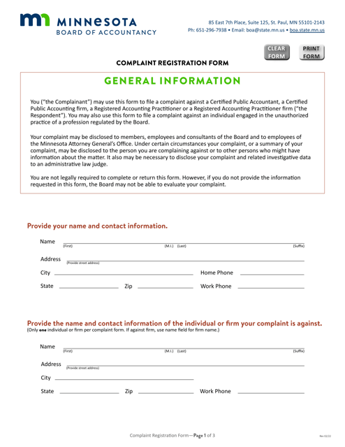 Complaint Registration Form - Minnesota Download Pdf