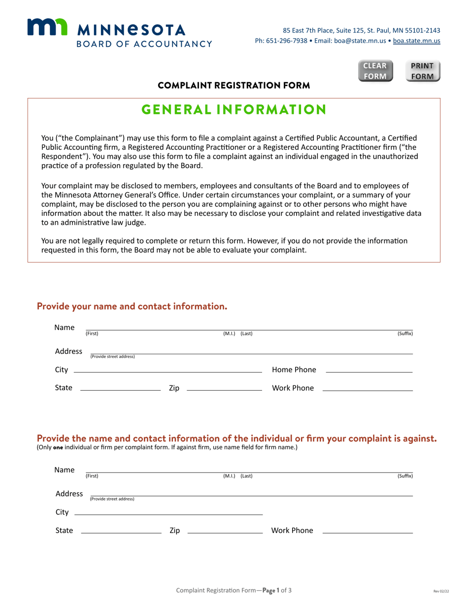 Complaint Registration Form - Minnesota, Page 1