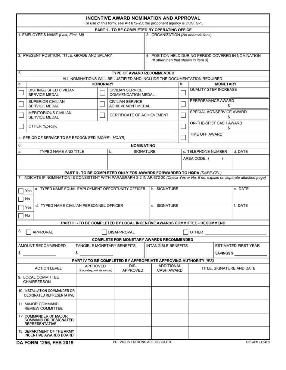DA Form 1256 Incentive Award Nomination and Approval, Page 1