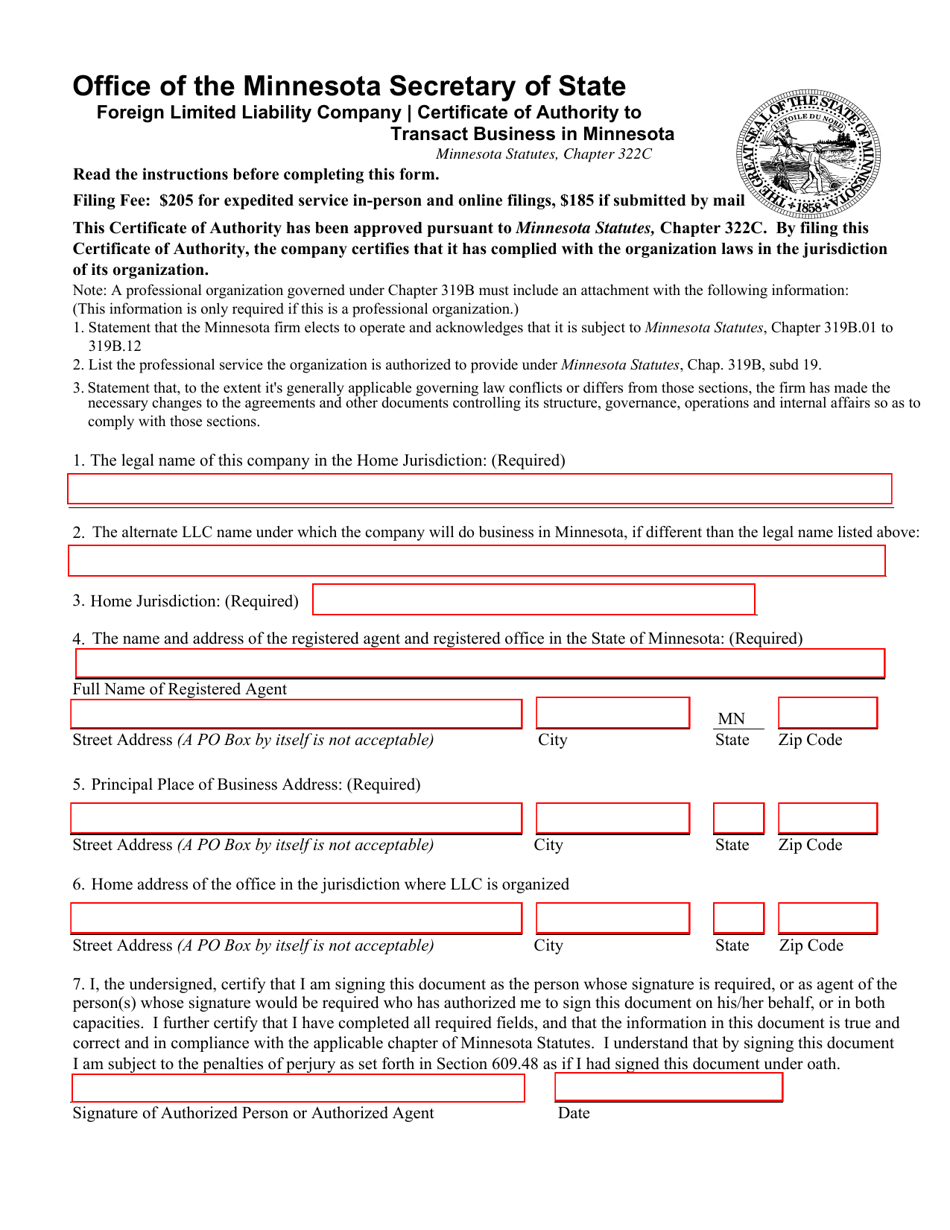 Foreign Limited Liability Company Certificate of Authority to Transact Business in Minnesota - Minnesota, Page 1