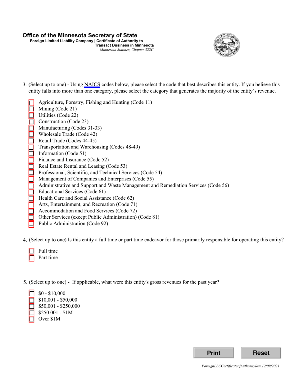 Foreign Limited Liability Company Certificate of Authority to Transact Business in Minnesota - Minnesota, Page 3