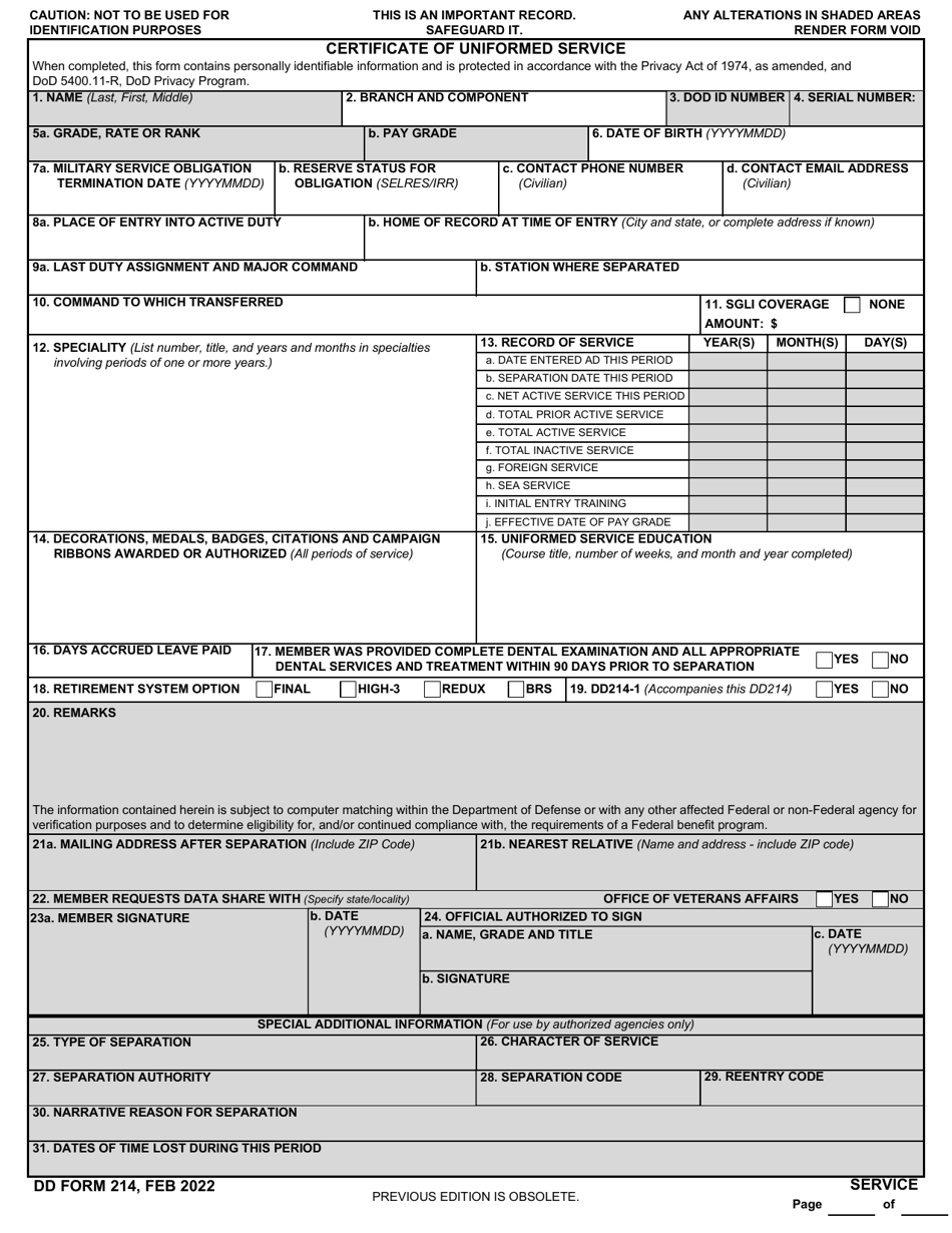 DD Form 214 Download Fillable PDF or Fill Online Certificate of ...