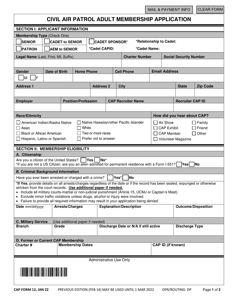 CAP Form 12 Civil Air Patrol Adult Membership Application, Page 1