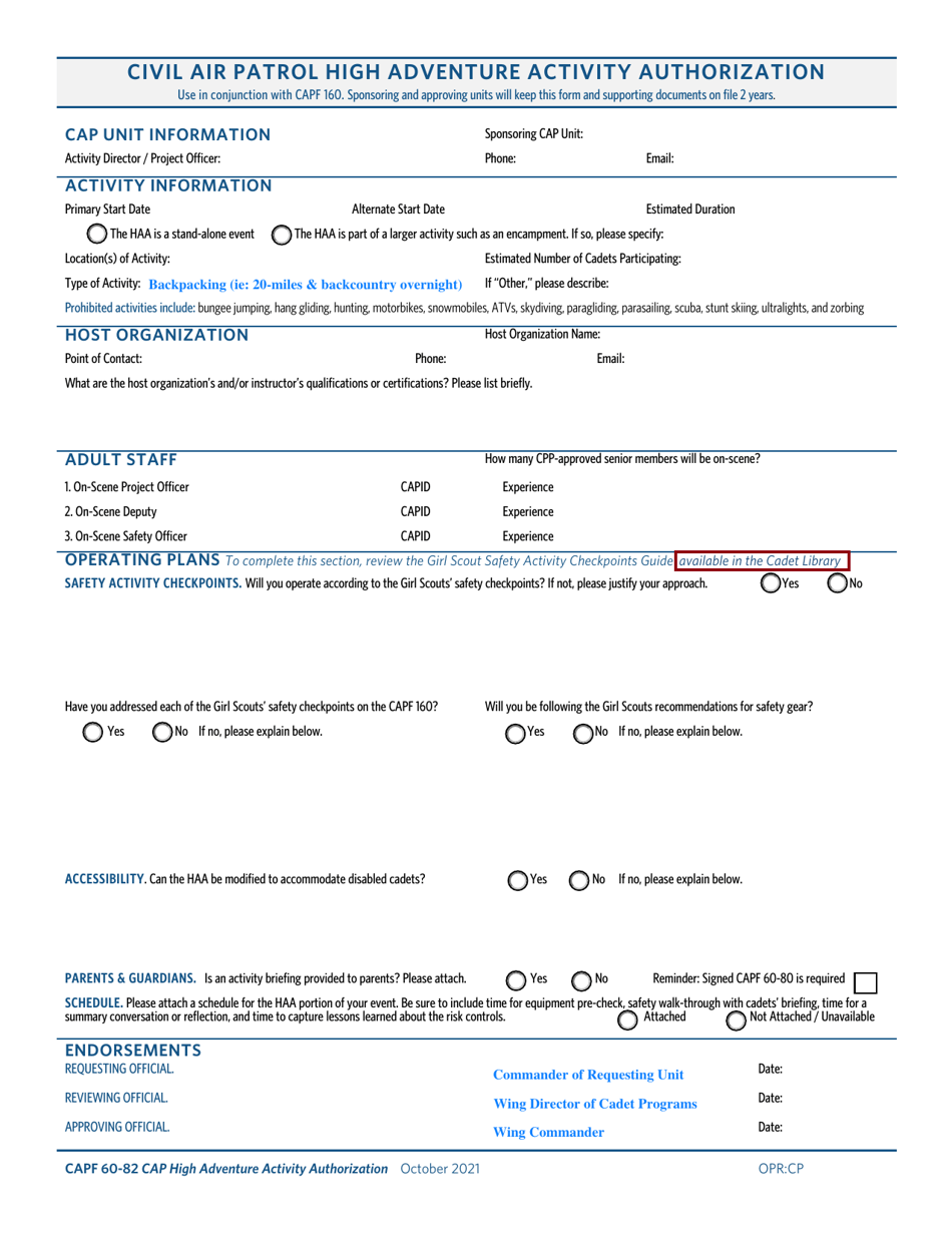 CAP Form 80-62 Civil Air Patrol High Adventure Activity Authorization, Page 1