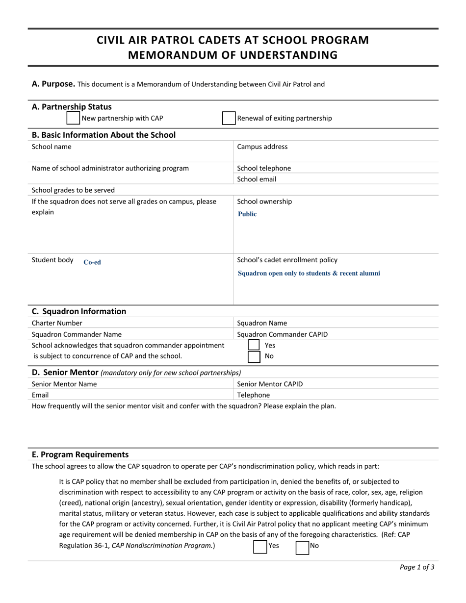 CAP Form 60-88 Memorandum of Understanding - Civil Air Patrol Cadets at School Program, Page 1