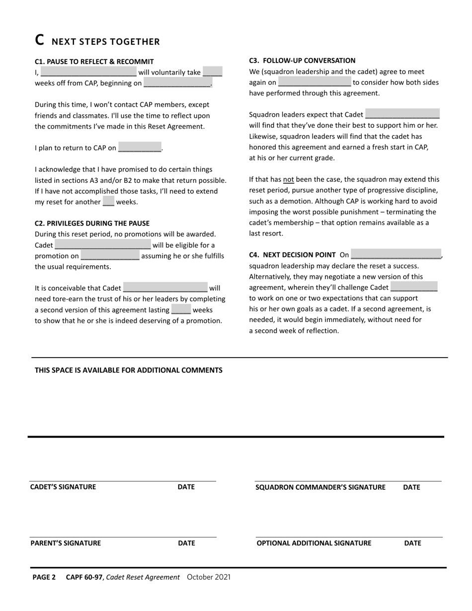 CAP Form 60-97 Cadet Reset Agreement, Page 2