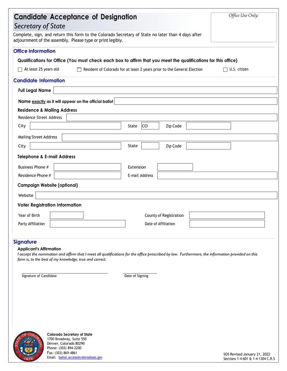 Colorado Candidate Acceptance of Designation - Secretary of State ...