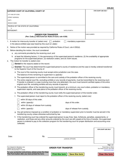 Form CR-251 Order for Transfer - California