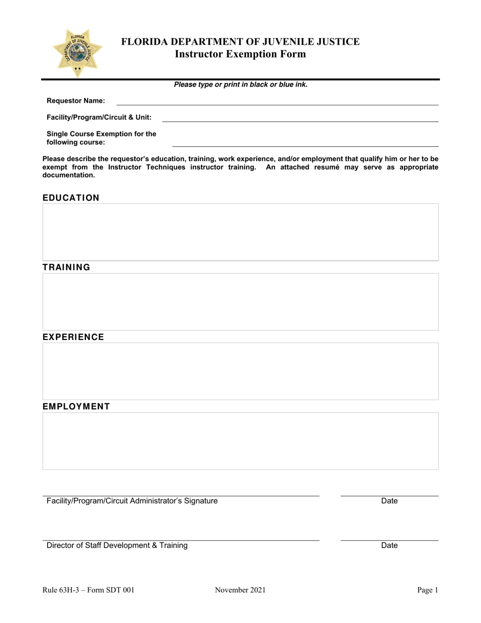 Form SDT001 Instructor Exemption Form - Florida, Page 1