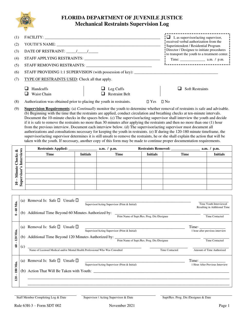 Form SDT002 Mechanical Restraints Supervision Log - Florida, Page 1