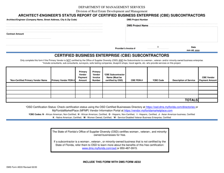 DMS Form AE03 Architect-Engineers Status Report of Certified Business Enterprise (Cbe) Subcontractors - Florida, Page 1