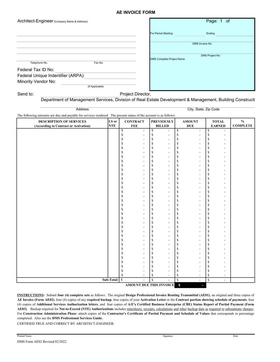 DMS Form AE02 AE Invoice Form - Florida, Page 1