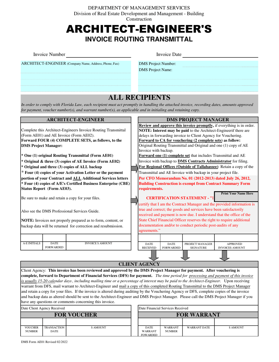 DMS Form AE01 Architect-Engineers Invoice Routing Transmittal - Florida, Page 1