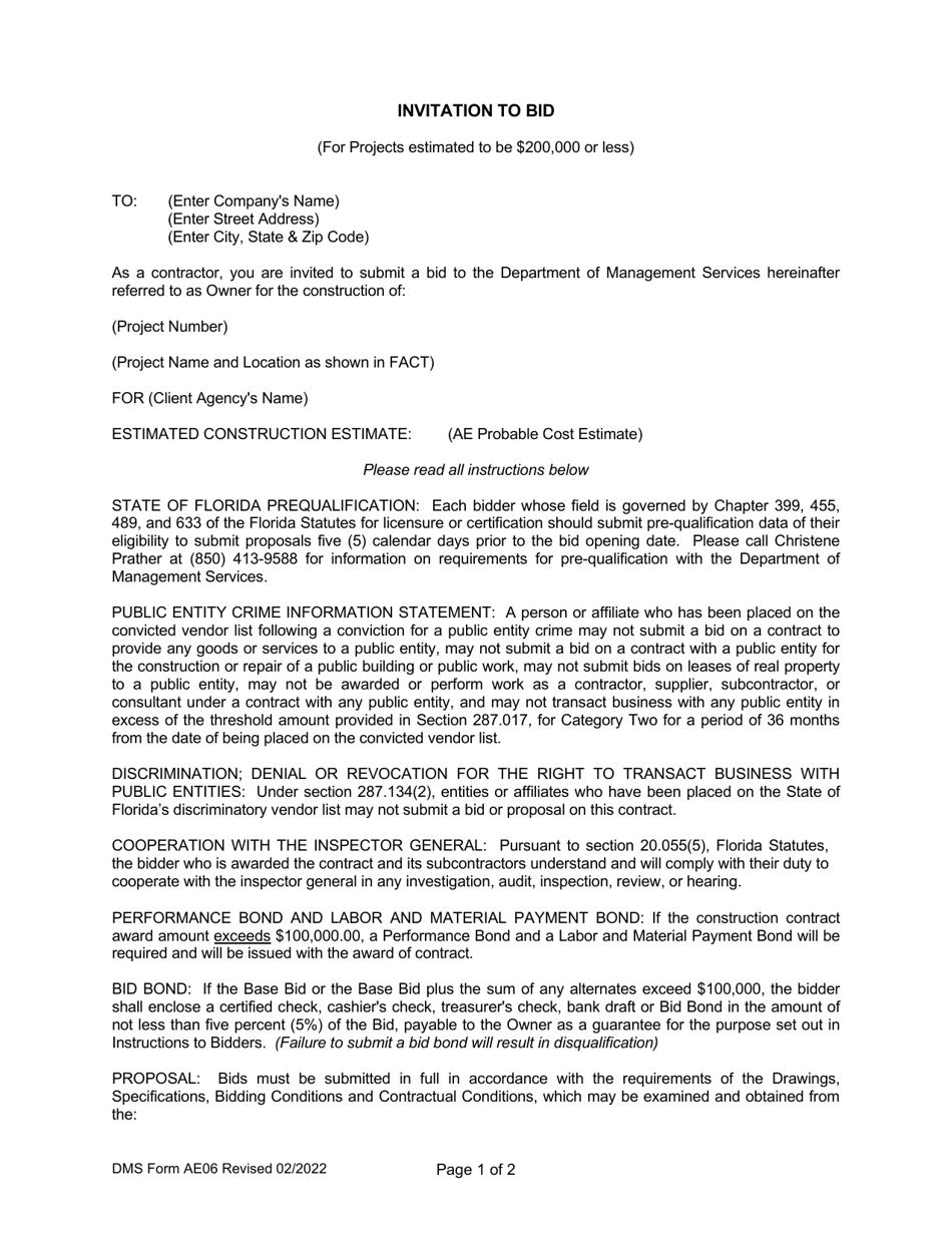 DMS Form AE06 Invitation to Bid - Florida, Page 1