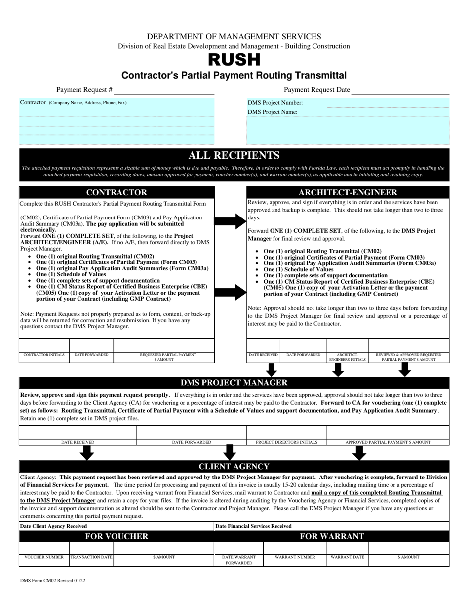 DMS Form CM02 Contractors Partial Payment Routing Transmittal - Florida, Page 1