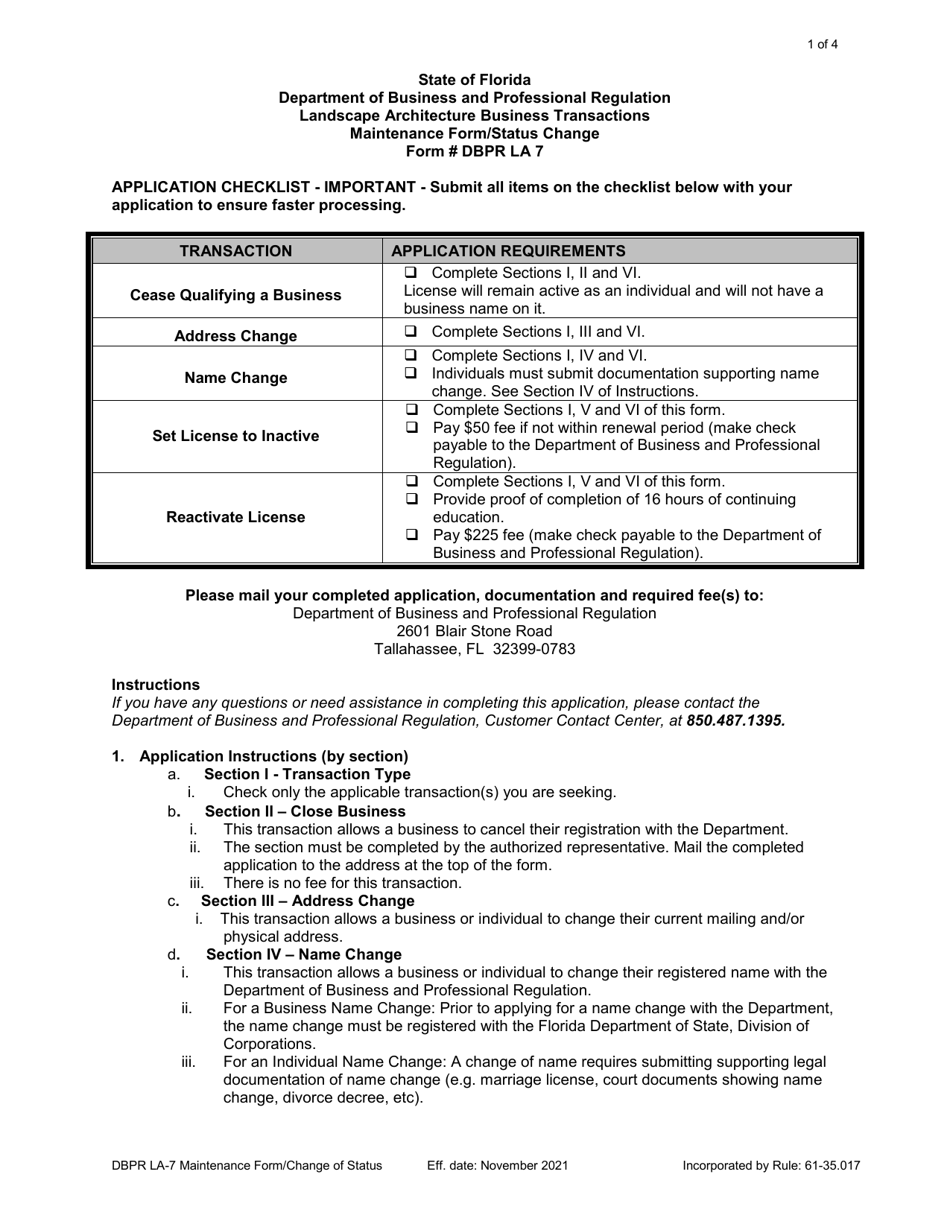 Form DBPR LA7 Maintenance Form / Status Change - Florida, Page 1