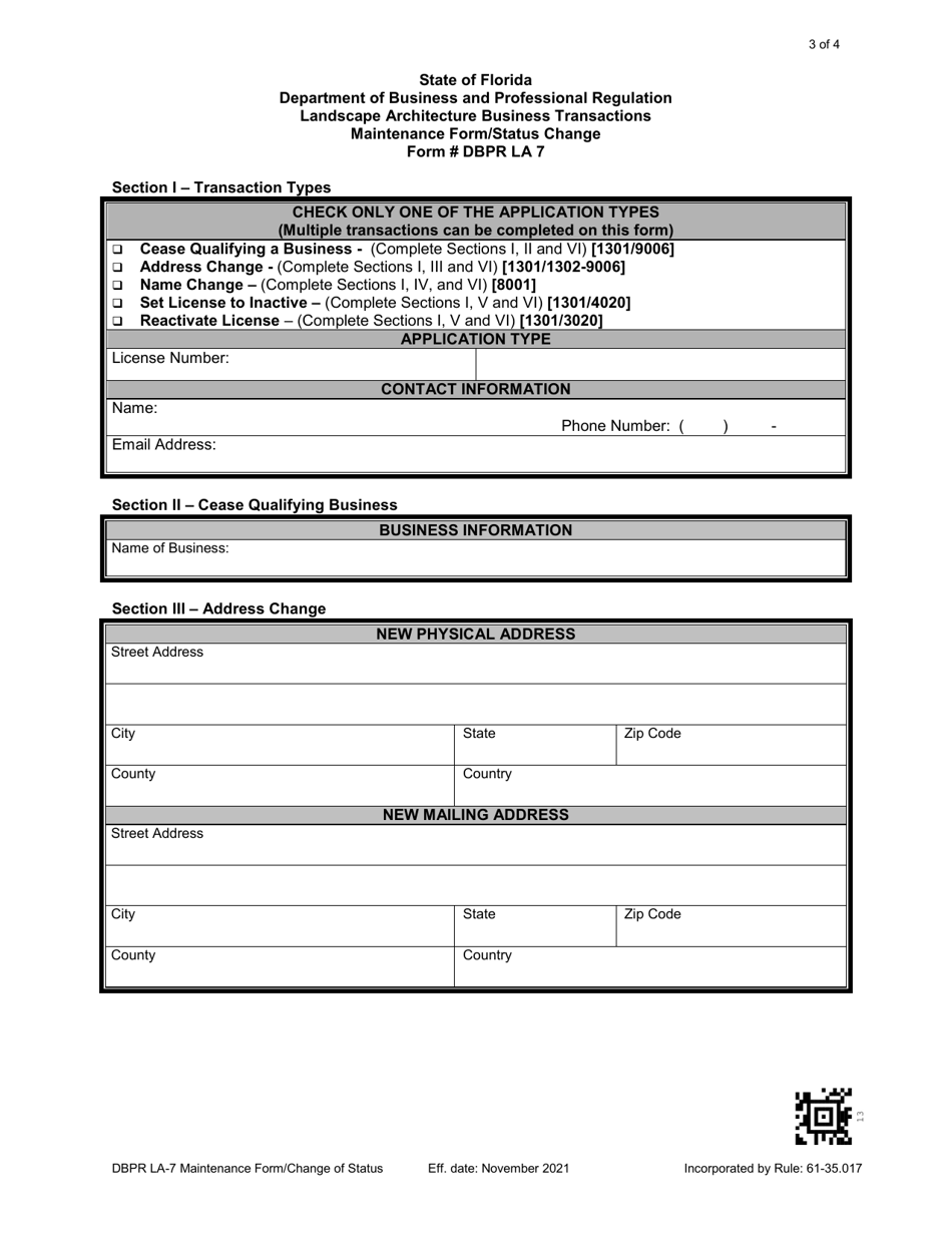 Form DBPR LA7 Maintenance Form / Status Change - Florida, Page 3